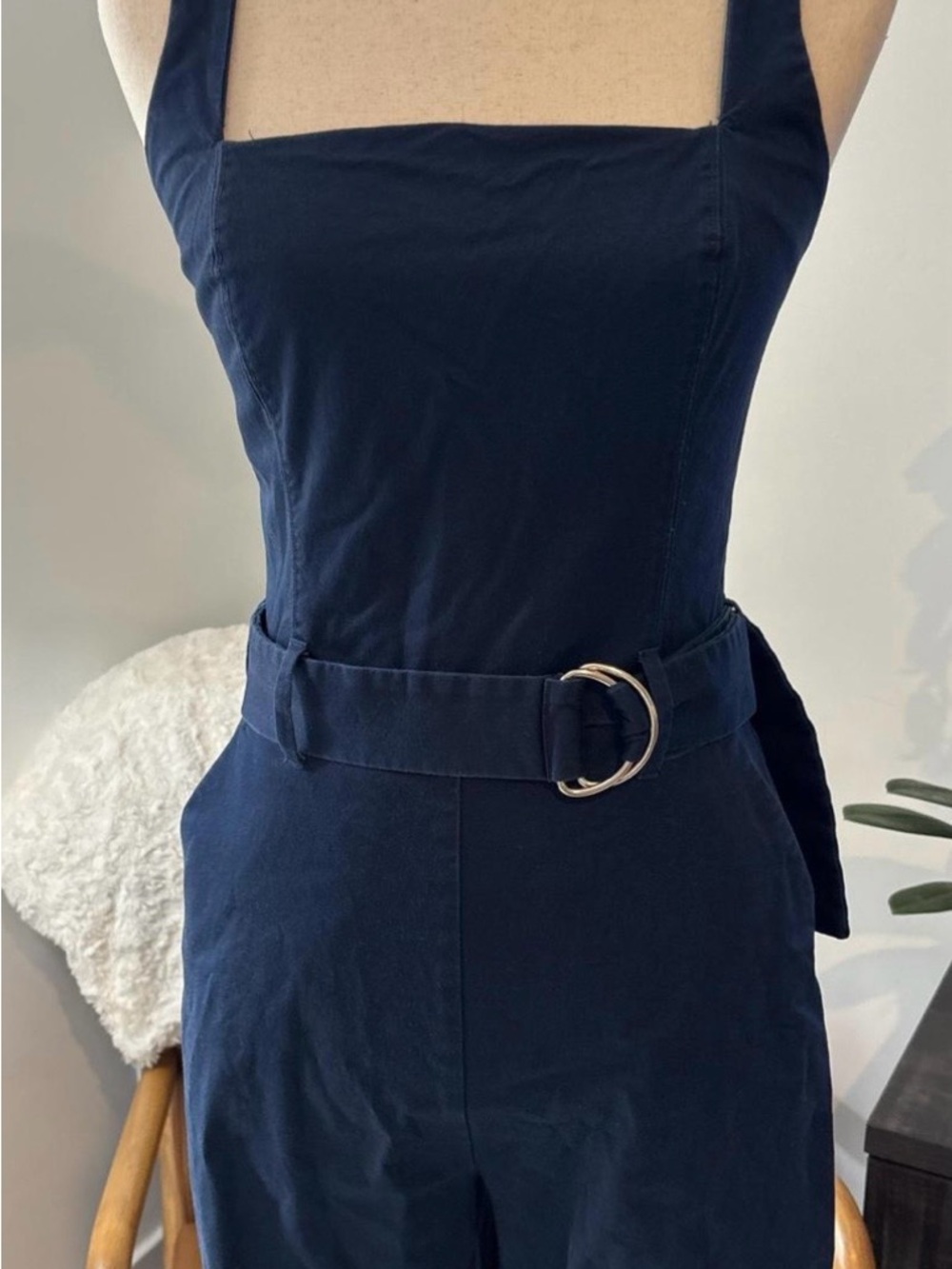 Navy Wide-Leg Belted Jumpsuit - Picture 3 of 4